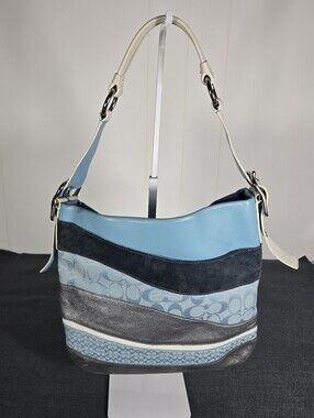 Coach Y2K Rare Vintage Signature Wave Duffle Patchwork Hobo Bag in blue